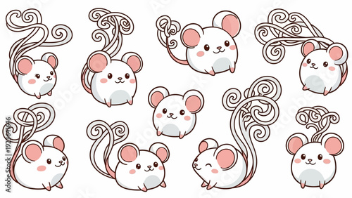 Collection of cute white mice with stylized tails on white background