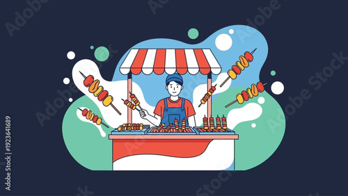 A smiling food vendor at a colorful street food stall.