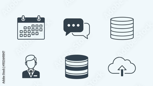 Collection of business and technology related icons for digital services and data management.
