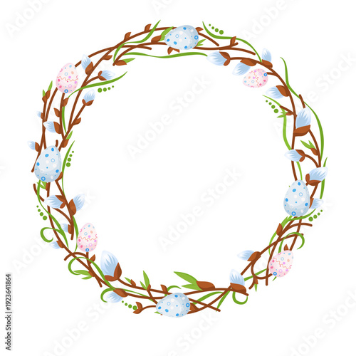 Willow wreath for Easter. Vector illustration. For greeting card, posters, invitations.