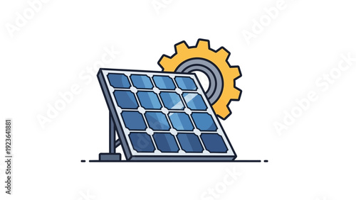 Solar panel and gear icon representing renewable energy technology.