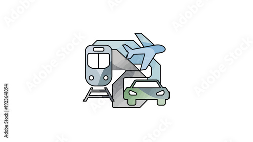 Multiple modes of transportation including train, car, and airplane.