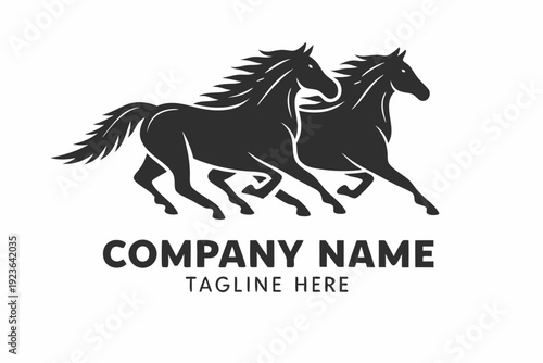 Two powerful dark horses gallop together in a stunning silhouette graphic