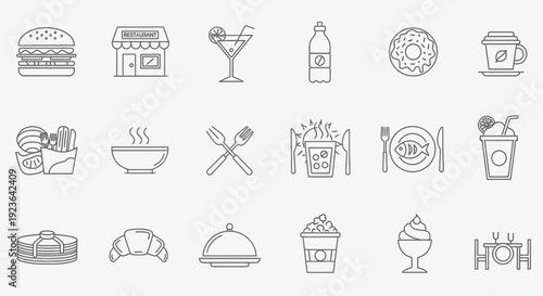 Set of food and beverage outline icons in minimalist line vector style.
