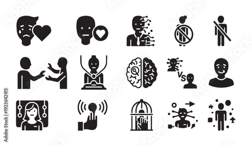Collection of modern black icons depicting human emotions and technology