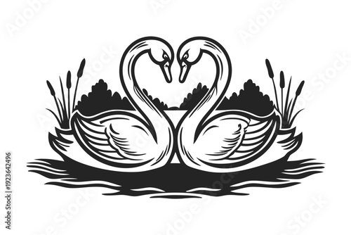 Two swans facing each other on a tranquil lake, forming a heart shape with their necks
