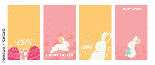 Happy Easter Greeting Cards with Cute Bunny and Eggs Pastel Spring Background Set