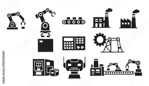 Industrial machinery icons set for manufacturing and production