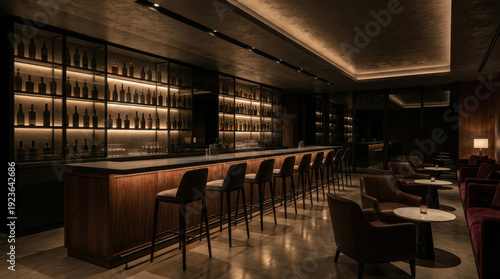 Luxury dimly lit hotel bar with leather stools, wooden counter and backlit bottle shelves creating cozy elegant mood