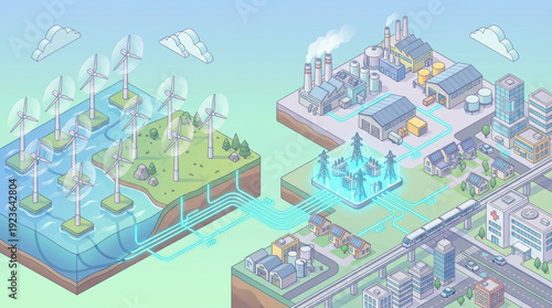 Offshore wind farm connected to coastal grid supplying clean energy to industrial complex and urban neighborhood with visible power lines and train