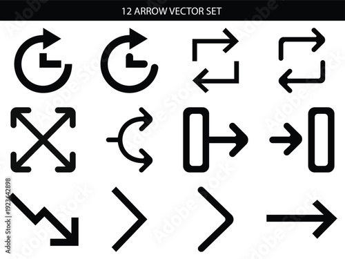 Set of 12 black and white arrow vector icons for design use Vector, illustration