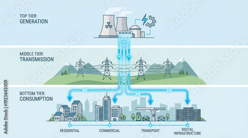 Layered energy system infographic showing generation, transmission and consumption with residential, commercial, transport and digital