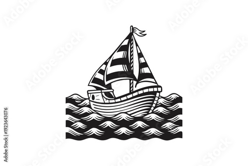 Woodcut vessel with striped sails cruises along rippled ocean waters, a nautical symbol