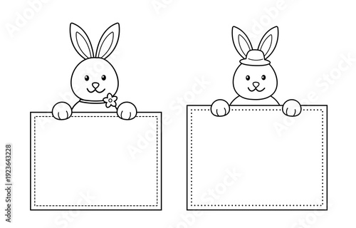 Cute Easter Bunnies Holding Blank Billboard Outline.
Adorable Bunny Holding Empty Sign Coloring Page Template.
Easter Rabbit with Blank Board Outline Vector Set.