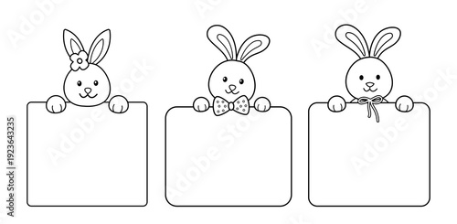 Cute Easter Bunnies Holding Blank Billboard Outline.
Adorable Bunny Holding Empty Sign Coloring Page Template.
Easter Rabbit with Blank Board Outline Vector Set.