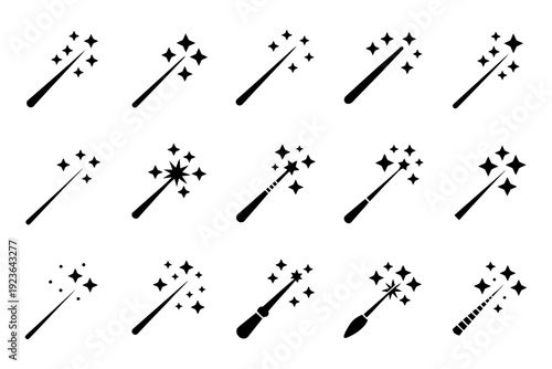 magic ai wand icons with sparkle stars, collection of glowing wands for artificial intelligence fantasy editor tools, creative digital design elements set.