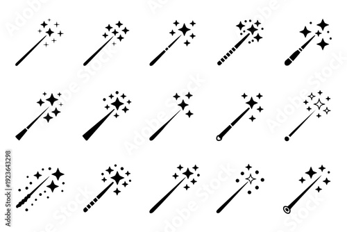 magic ai wand icons with sparkle stars, collection of glowing wands for artificial intelligence fantasy editor tools, creative digital design elements set.