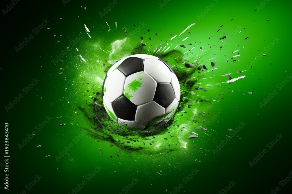 Naklejka premium Football impacting with dynamic green light and debris creating an energetic sports concept