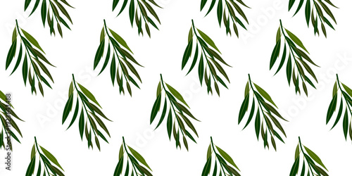 A seamless bamboo pattern features a tropical green forest design with lush leaves, floral branches, and summer foliage for a natural vector wallpaper texture