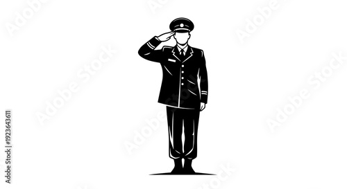 A military officer standing at attention and saluting with a crisp uniform and cap.