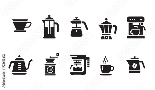Set of coffee icons including cups, kettles, and espresso machines