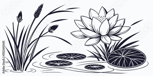 Black and White Linocut Lotus Flower and Water Lily Pond Illustration