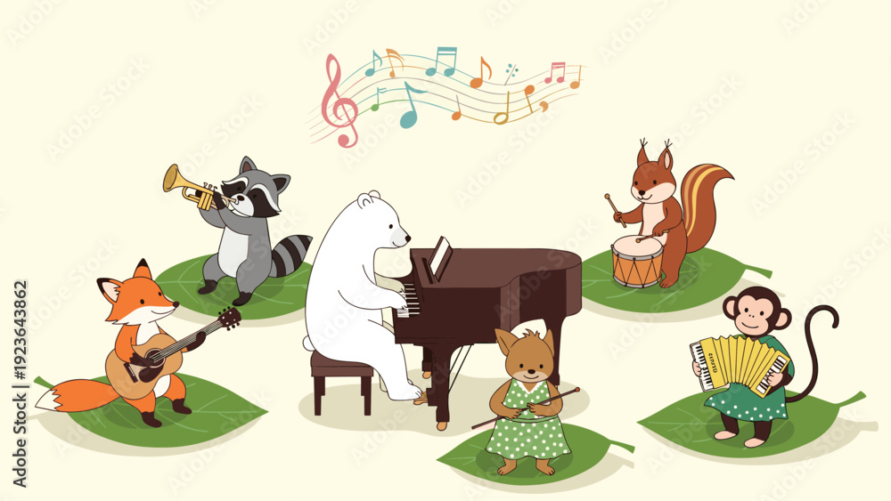 Fototapeta premium Forest animals like a fox, raccoon, bear, squirrel, and monkey playing musical instruments on large green leaves in the woods.