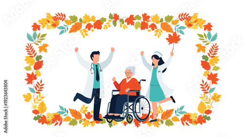 Happy doctor and nurse celebrating with an elderly woman in a wheelchair inside a decorative border of colorful autumn leaves.