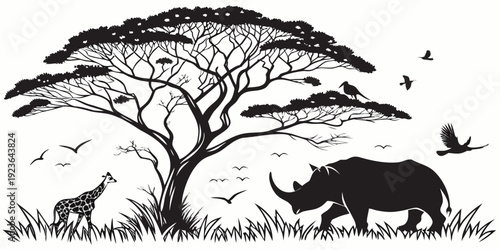Black and White Woodcut Silhouette of a Rhino with Acacia Trees, Birds, and Animals.