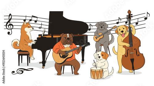 Talented jazz band of dogs of different breeds playing musical instruments like piano, guitar, drums, and double bass together.