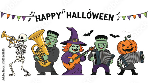 Halloween characters including a skeleton, Frankenstein, and a witch playing musical instruments in a festive parade.