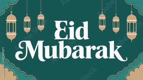 A festive Eid Mubarak greeting card with hanging lanterns on a dark green background
