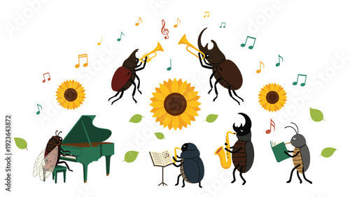 Musical insects including beetles and a cicada playing instruments like piano and saxophone around bright sunflowers in a garden.