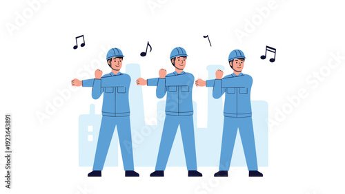 Three construction workers wearing blue uniforms and hard hats are doing stretching exercises together in front of a factory.