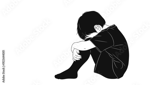 Black and white sketch of a lonely boy sitting on the ground with his head down in his arms, expressing sadness.