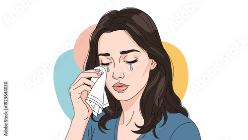 Woman with long dark hair crying and wiping her eyes with a white handkerchief against a background of colorful soft circles.