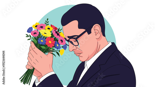 Man in a dark suit and glasses holding a colorful bouquet of flowers and crying, expressing deep grief or emotional release.
