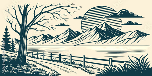 Deep Teal Linocut Lakeside Landscape with Sun, Mountains and Trees