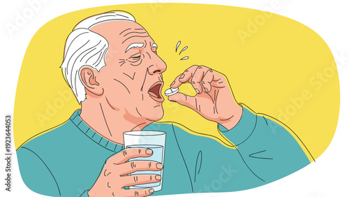 Close-up of an elderly man with white hair taking a small white pill and holding a glass of water for his daily health routine.
