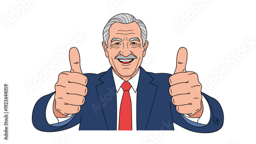Confident mature businessman with graying hair wearing a blue suit and red tie, giving two thumbs up with a big smile.