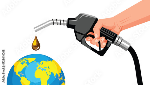 Human hand holding a gas pump nozzle and dripping a drop of black oil onto the planet Earth globe to show environmental impact.
