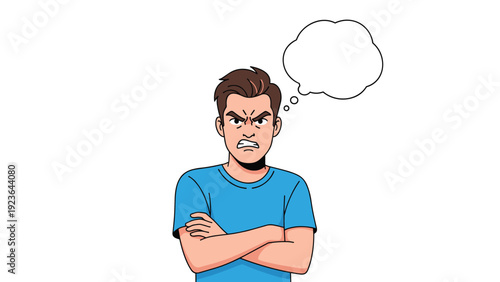 Angry young man in a blue t-shirt standing with crossed arms and an empty thought bubble above his head against a white background.