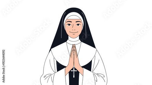 Peaceful young nun wearing a black and white habit praying with her hands together and a cross necklace on a plain white background.