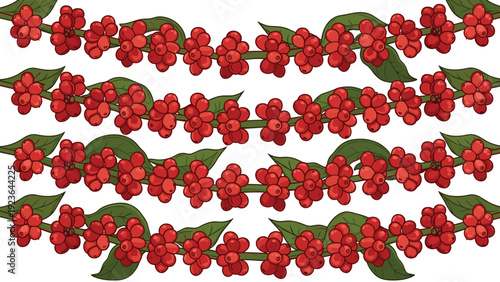 Repeated pattern of ripe red coffee cherries growing on green leafy branches representing a bountiful harvest for coffee production.