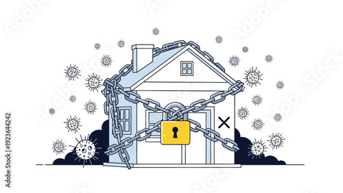 Stylized illustration of a house wrapped in heavy metal chains and a padlock surrounded by floating virus particles representing lockdown.