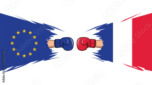 Symbolic boxing match between the European Union and France represented by boxing gloves emerging from their respective national flags.