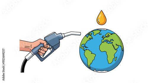 Conceptual illustration showing a hand holding a gas pump nozzle as it appears to refuel the planet Earth with a single drop of oil.