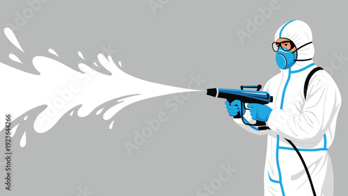 Person in a full white protective hazmat suit with a mask and goggles spraying disinfectant to clean and sanitize a grey area.