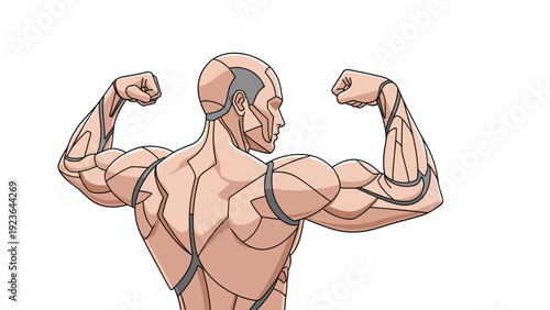 Rear view of a highly detailed humanoid figure with a muscular back and mechanical joints showcasing a blend of anatomy and technology.