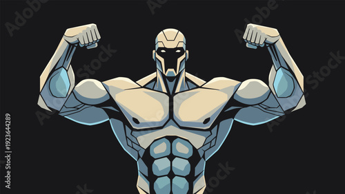 Frontal view of a powerful silver humanoid robot with a muscular physique flexing its arms against a dark black background.